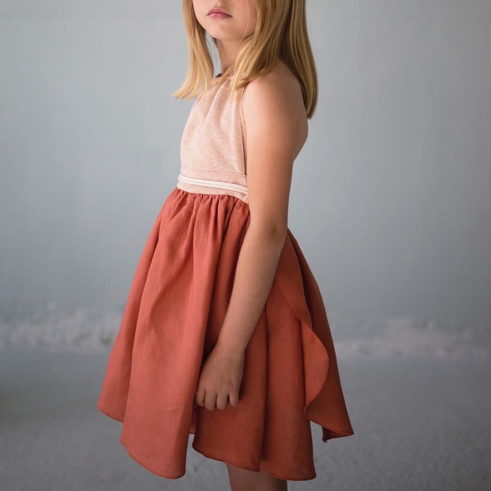 Popelin Linen Reversible terracotta dress with bib